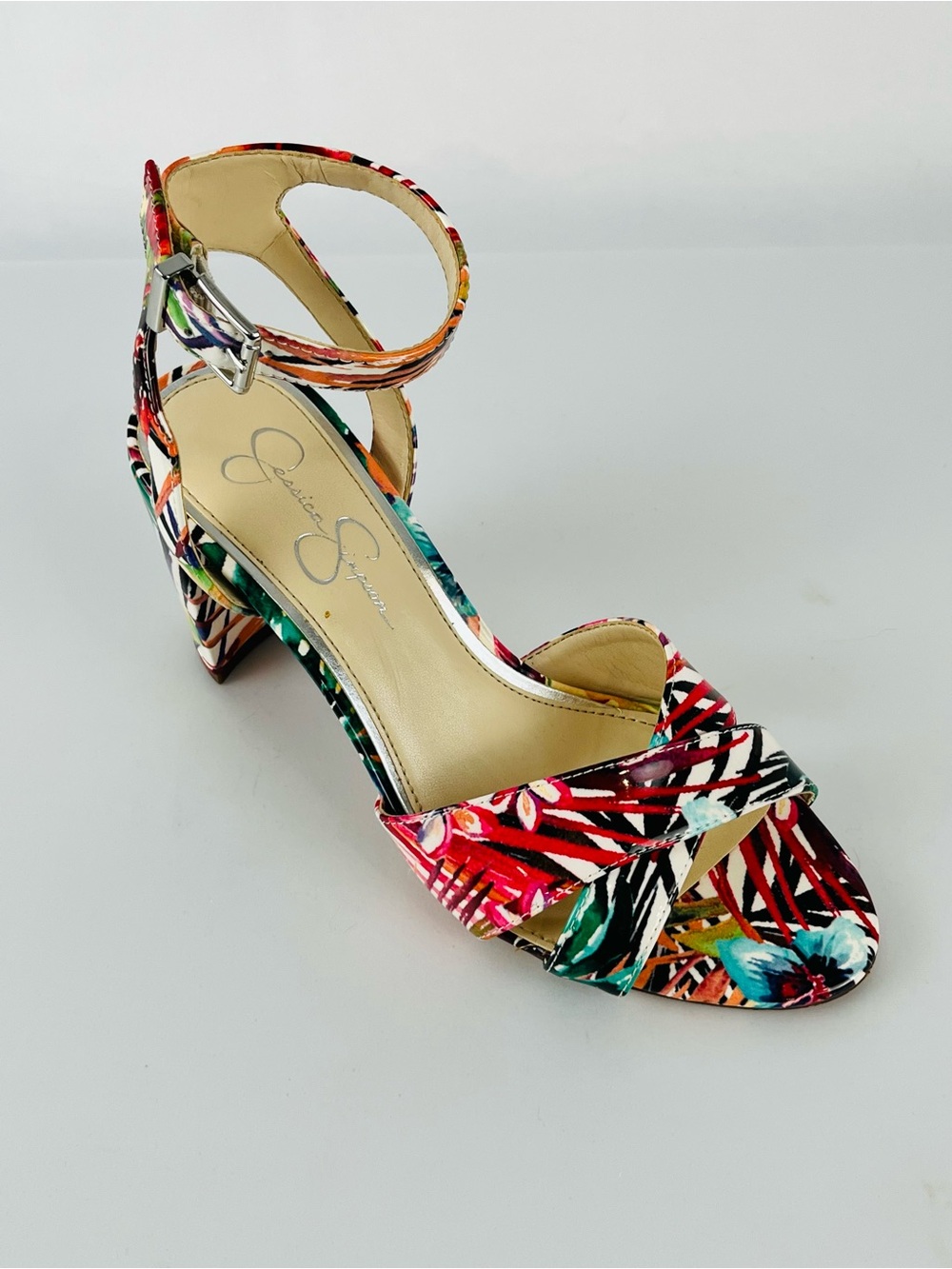 Jessica Simpson Niara Block Heel Sandals Tropical Floral Palm Print Sz 7M/ 37.5